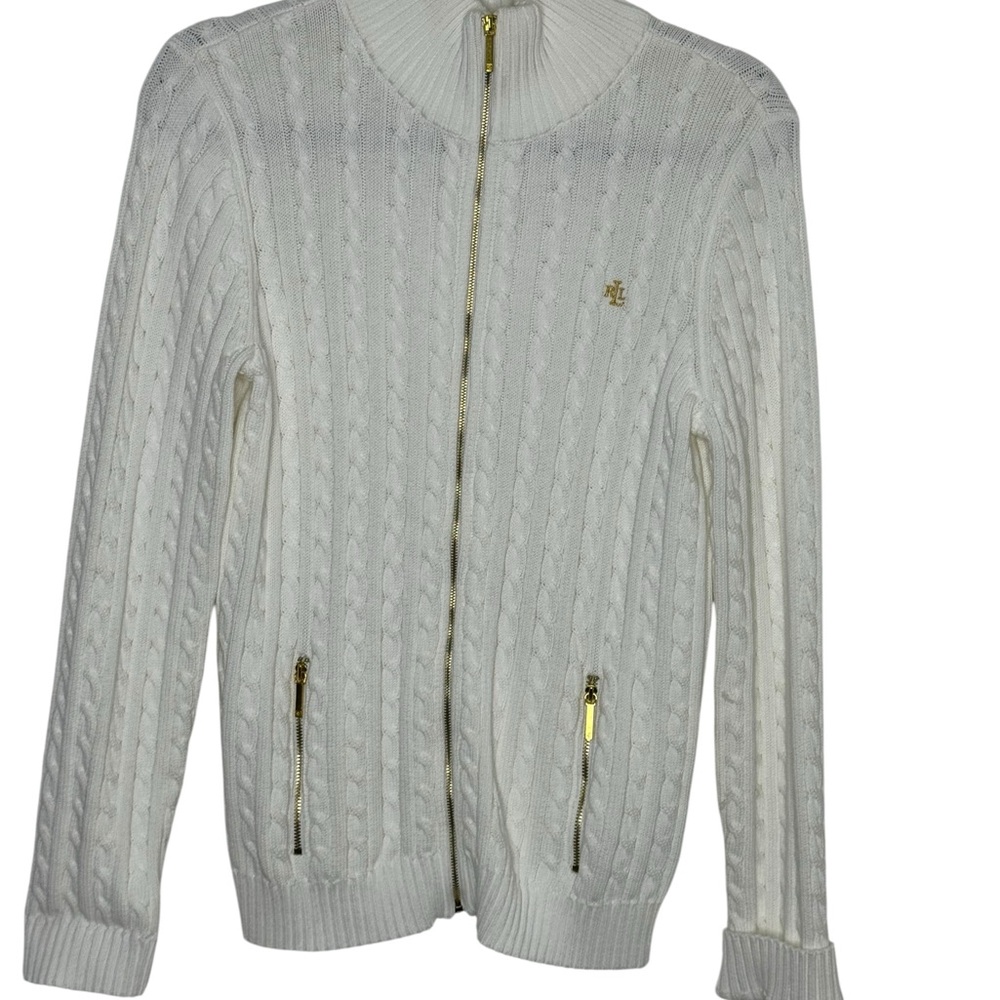 Lauren Ralph Lauren Sweater White Cable
Knit Stand Collar Zip Pockets Size L,EUC - Picture 2 of 8